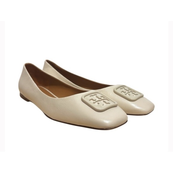 Tory Burch Georgia Eleanor Ballet Flats Cream Leather Square Toe Logo Women sz 8